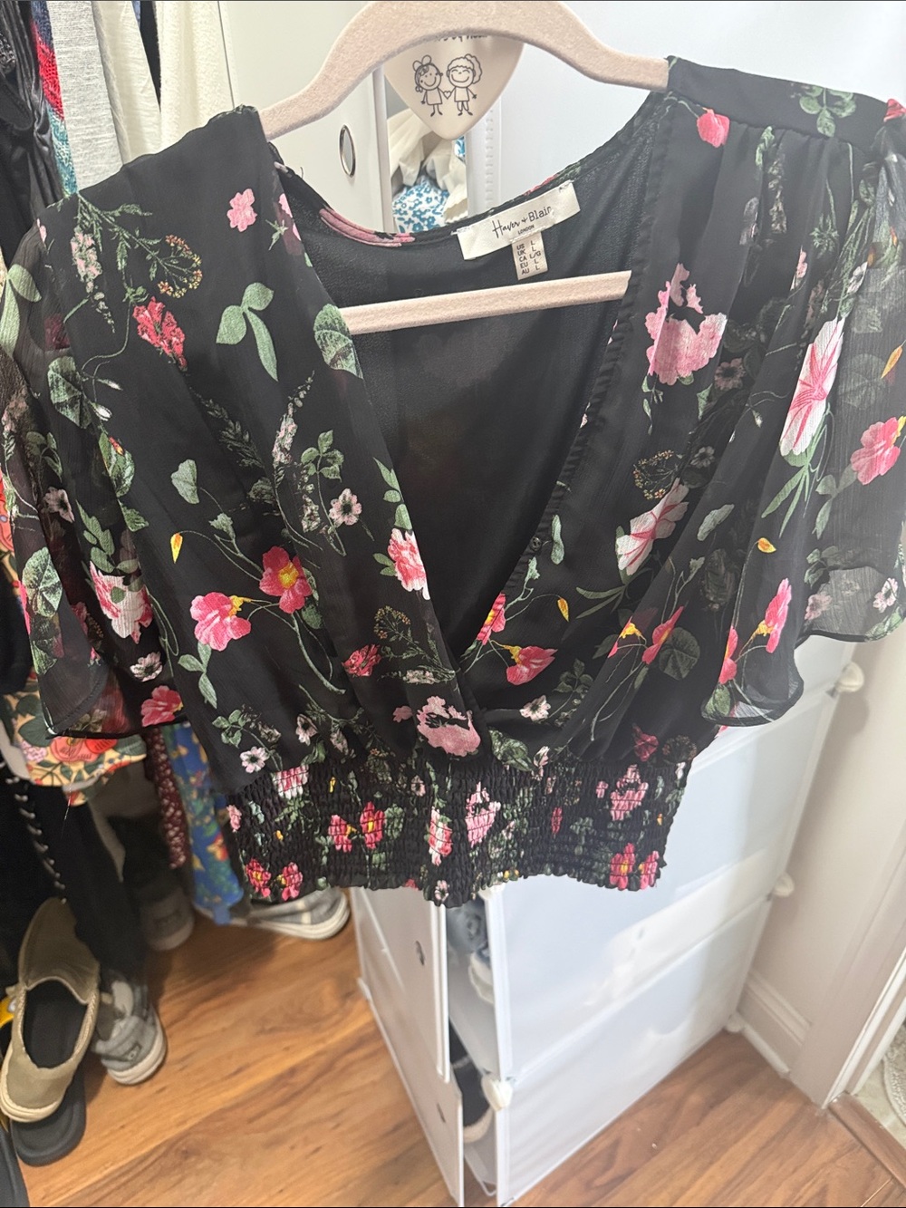 Hannah Black Floral Wrap Crop Top with Smocked Hem